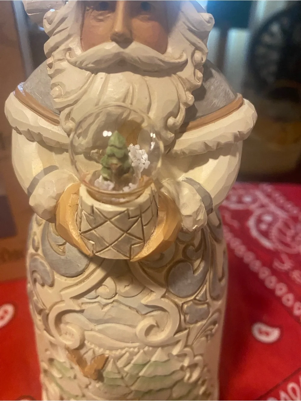Jim Shore White Woodland Cream and Green Santa Figurine with Snow Globe - Picture 3 of 3